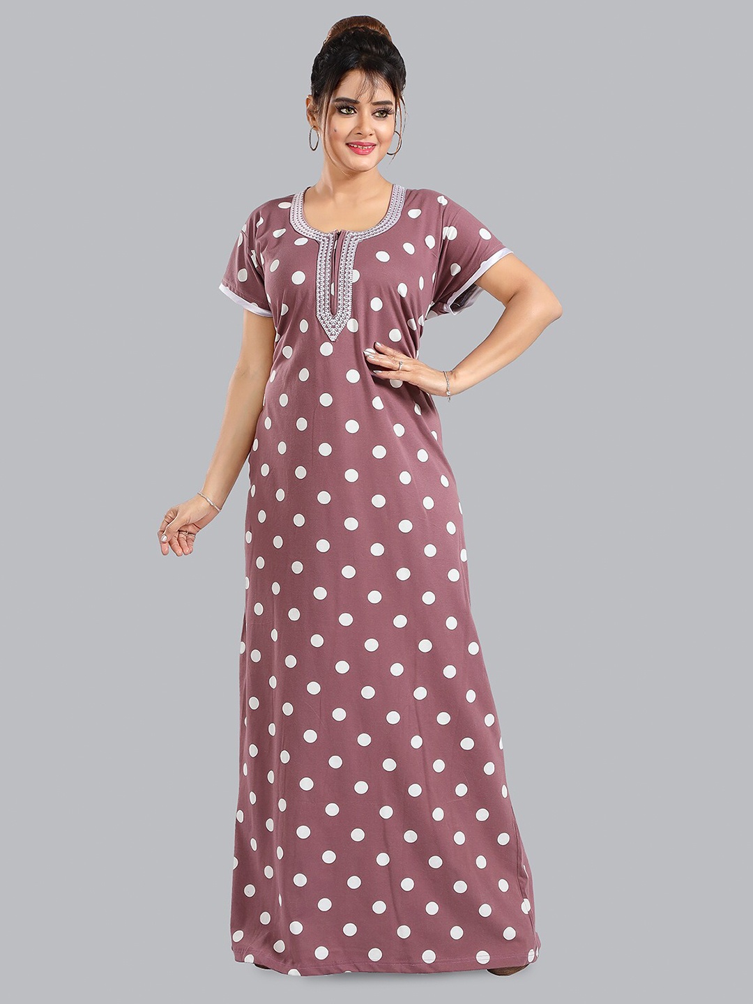 

FOMTI Polka Dot Printed Pure Cotrton Maxi Nightdress, Brown