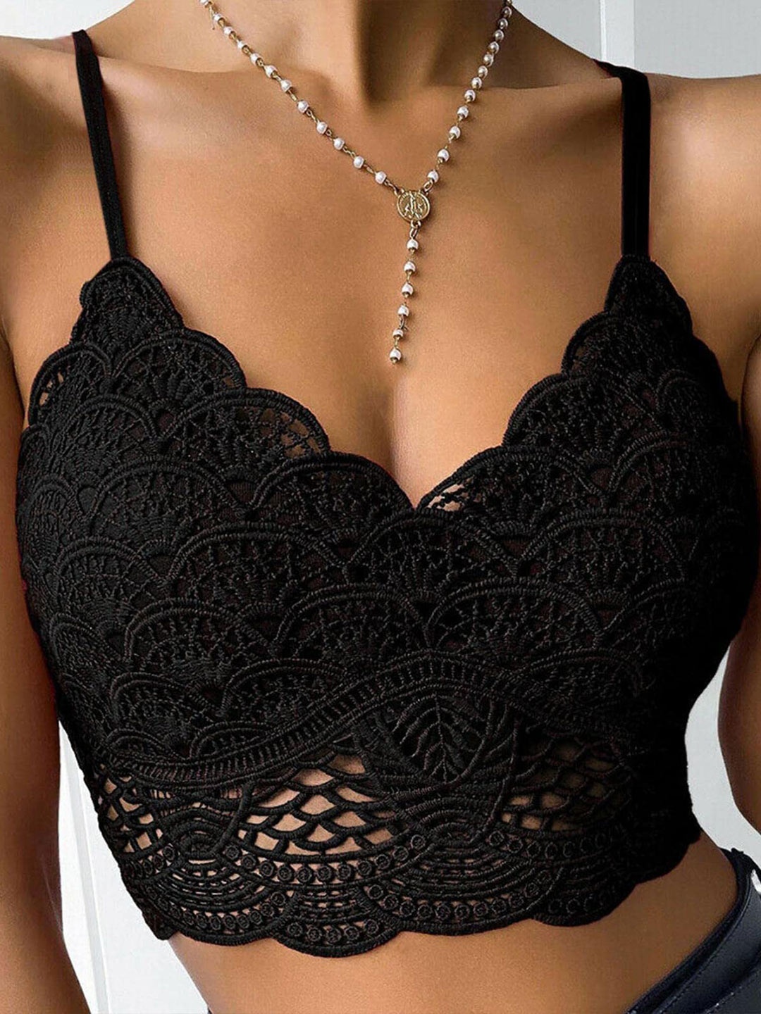 

Krelin Floral Laced Cotton Padded Breathable Bralette Bra All Day Comfort, Black