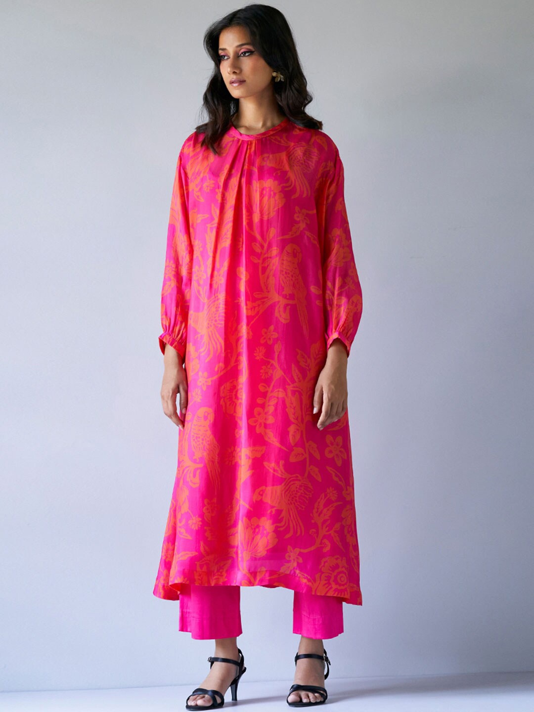 

Ganga Floral Printed Puff Sleeves A-Line Kurta with Trousers, Pink