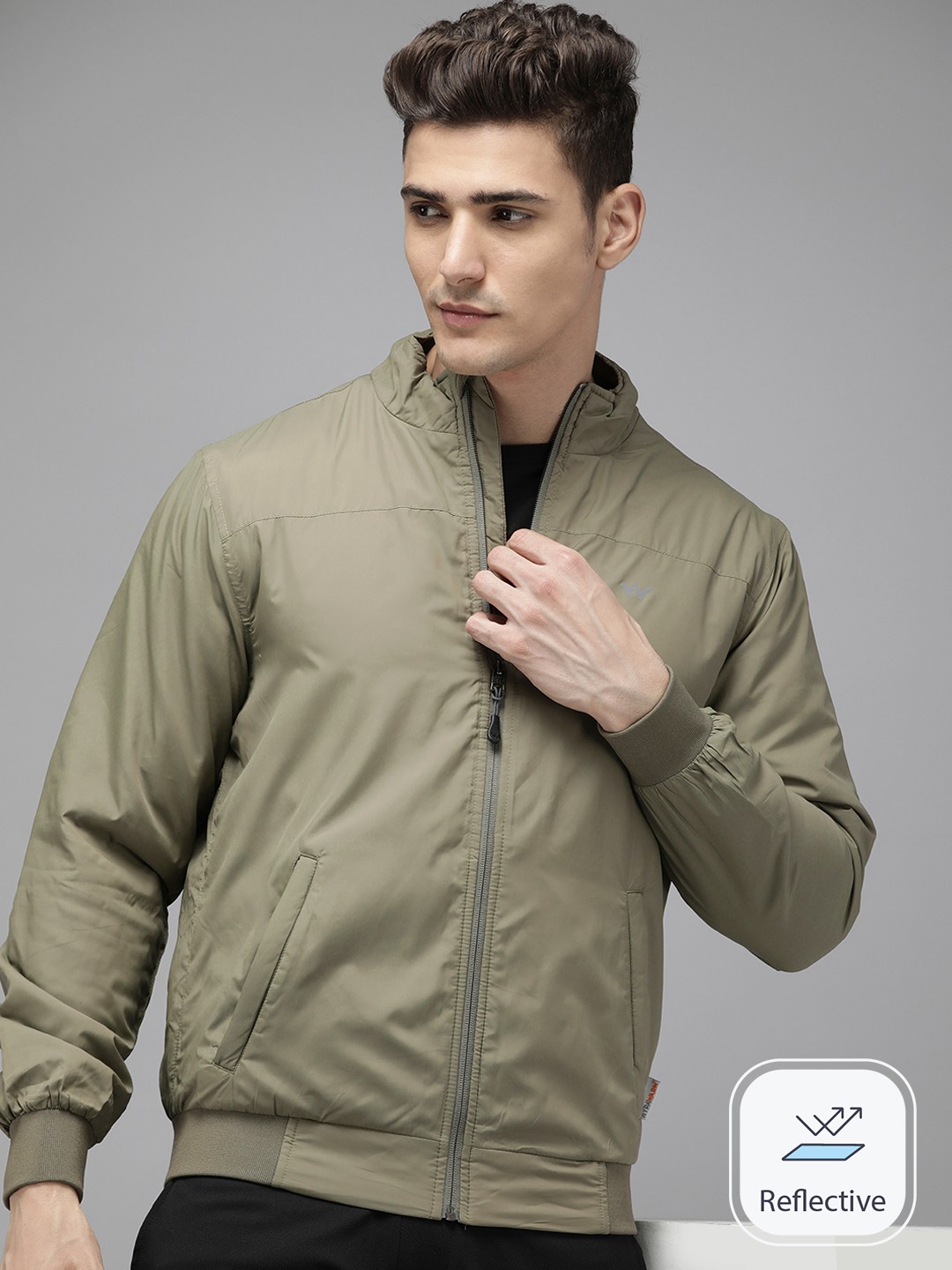 

Wildcraft Men Mock Collar Lightweight Bomber Jacket With Packable Pouch, Olive