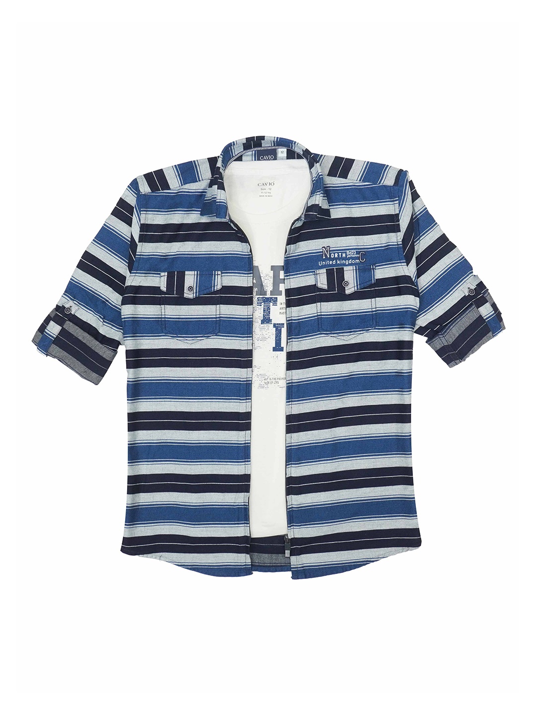 

CAVIO Boys Comfort Horizontal Striped Roll-Up Sleeves Pure Cotton Jacket With T-Shirt, Blue