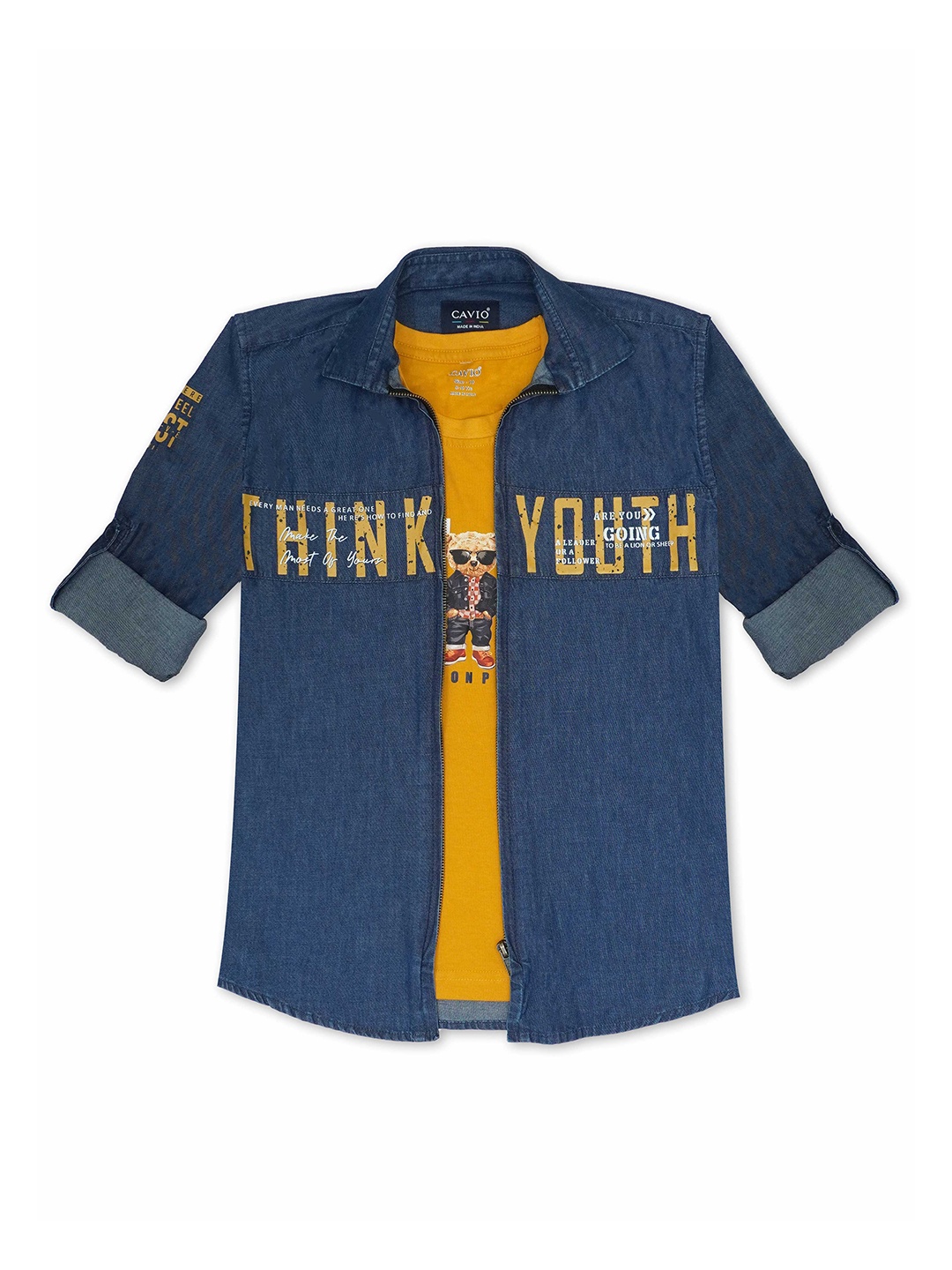 

CAVIO Boys Typography Printed Roll-Up Sleeves Pure Cotton Casual Shirt & T-Shirt, Blue