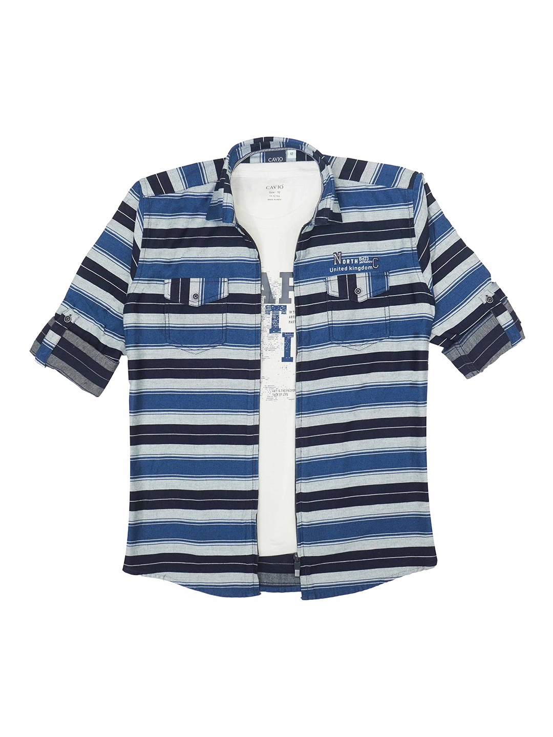 

CAVIO Boys Comfort Horizontal Striped Roll-Up Sleeves Pure Cotton Casual Shirt, Blue