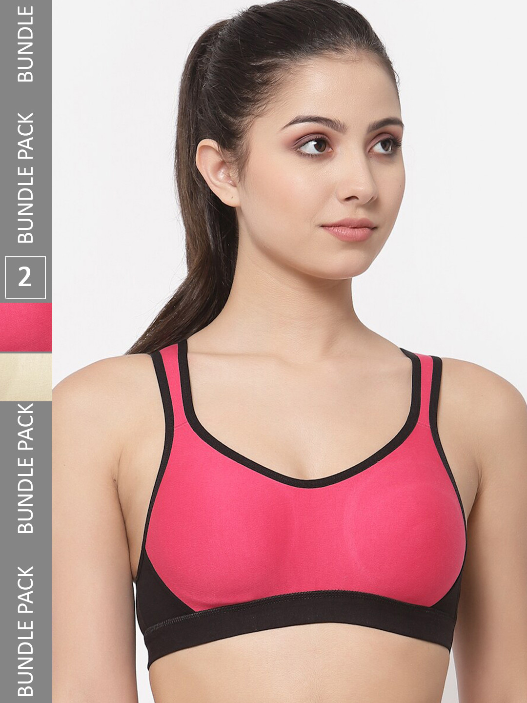 

College Girl Pack Of 2 Full Coverage Non Padded Workout Bra With Side Shaper, Pink