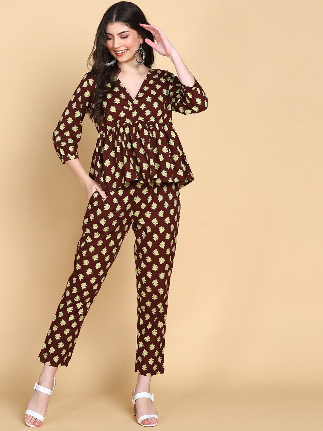 

HERE&NOW Brown & Yellow Ethnic Motifs Printed Pure Cotton Top With Trousers Co-Ords