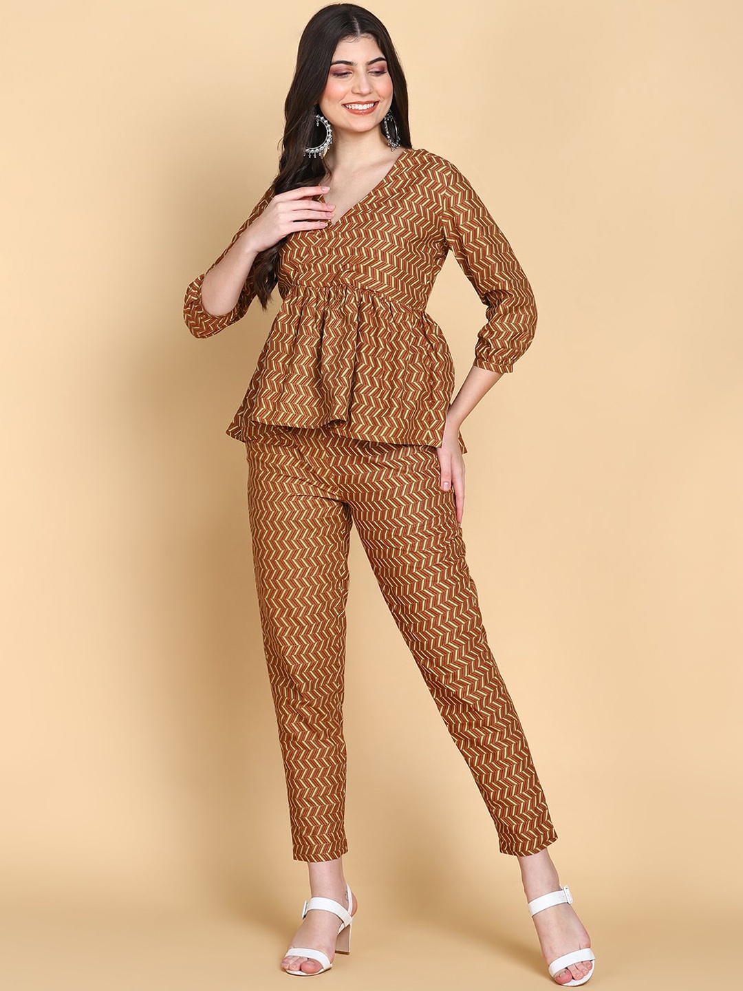 

HERE&NOW Brown & Beige Printed Pure Cotton Top With Trousers Co-Ords