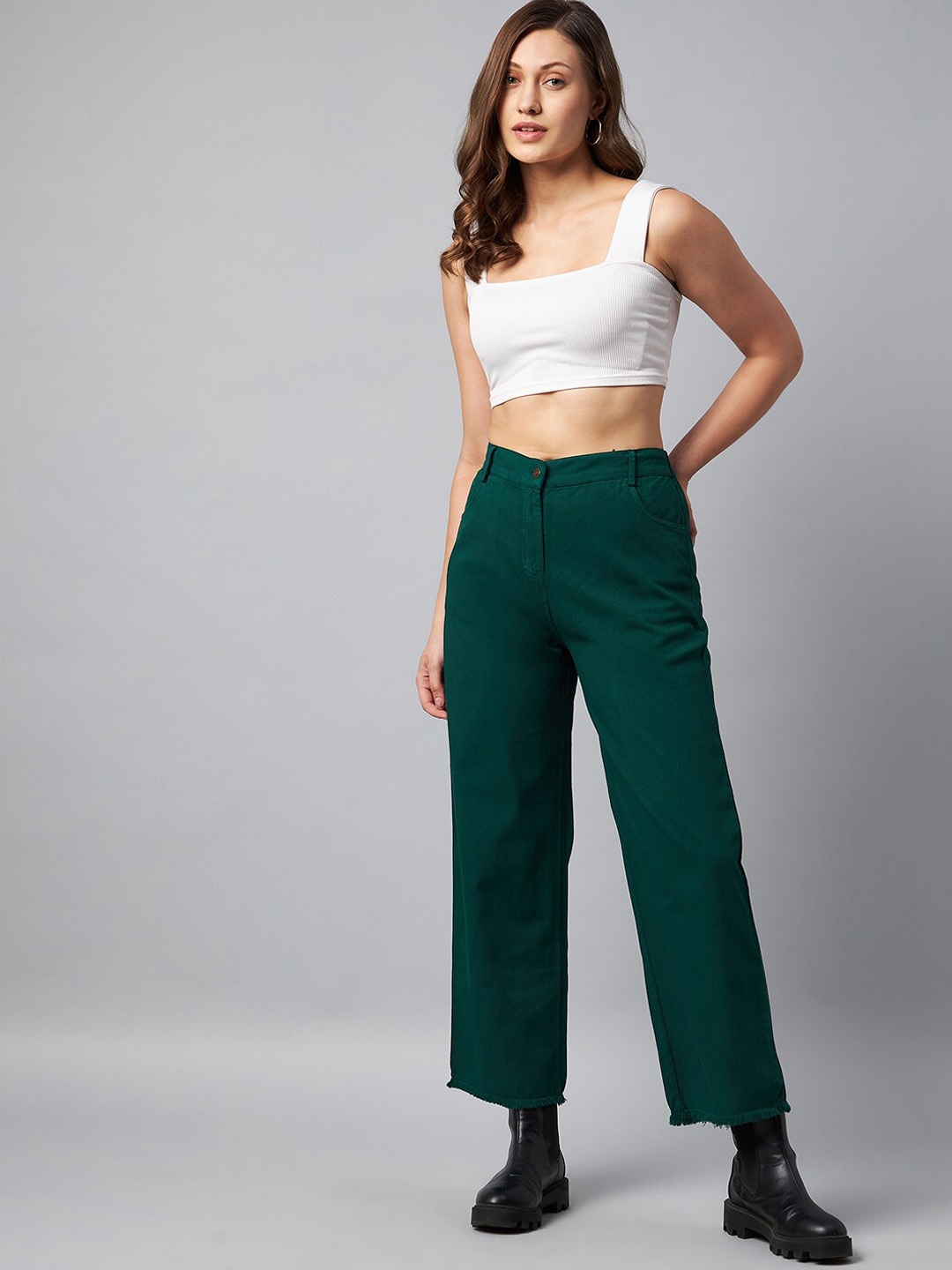 

Chemistry Women Clean High-Rise Cropped Straight Fit Pure Cotton Jeans, Green