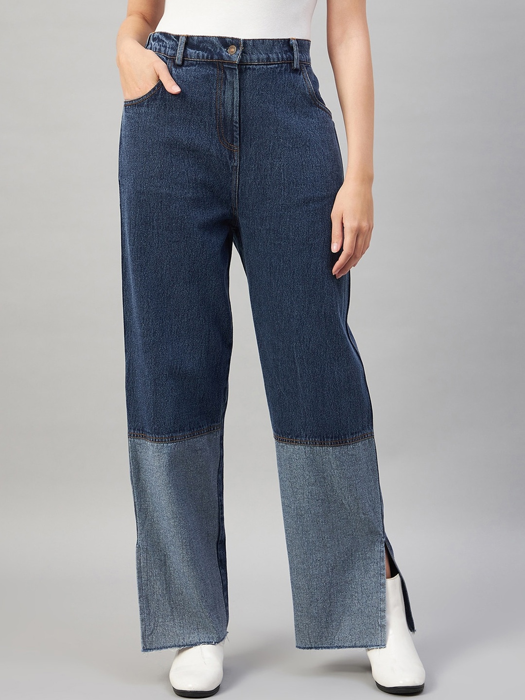 

Chemistry Women Clean Look High-Rise Pure Cotton Flared Jeans, Navy blue