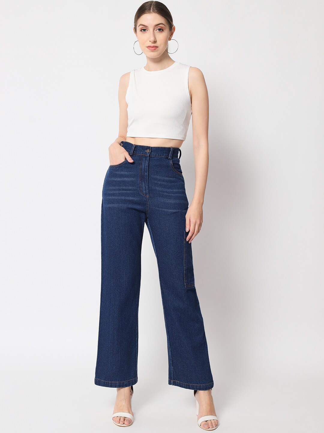 

Chemistry Women Clean Look High-Rise Pure Cotton Flared Jeans, Blue
