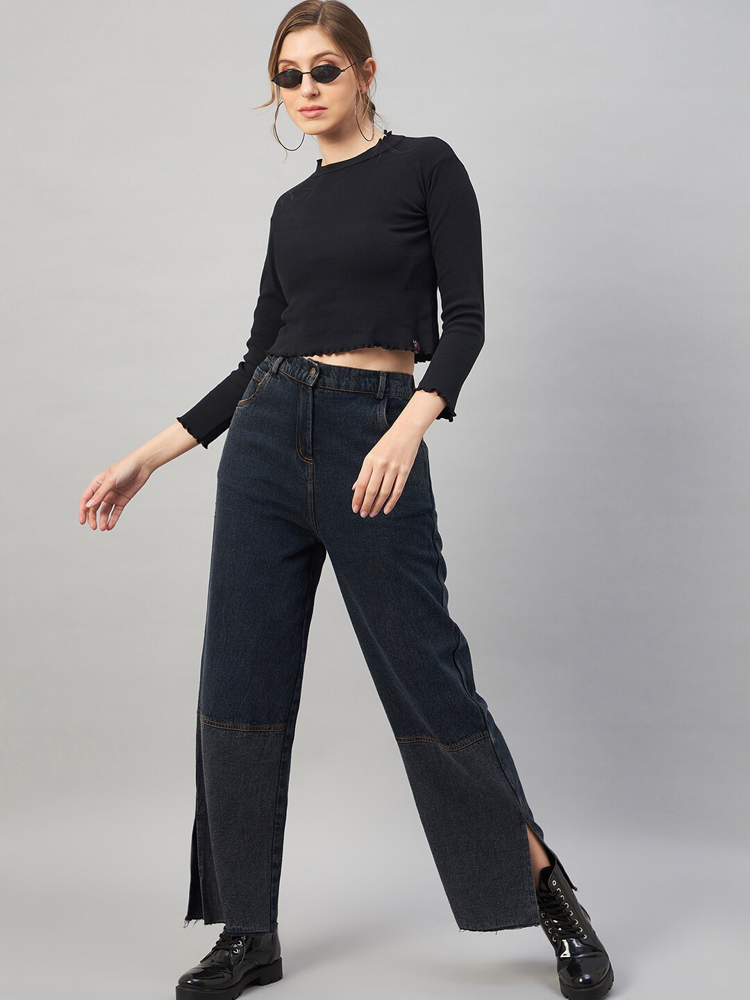 

Chemistry Women Flared High Rise Slash Knee Jeans, Black