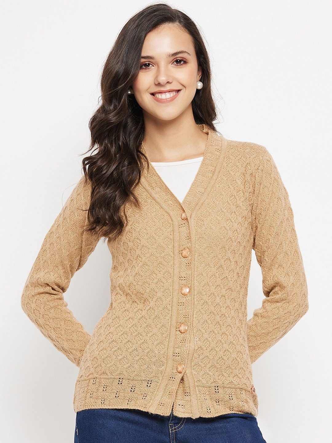 

NEVA V-Neck Cable Knit Cardigan Sweater, Beige
