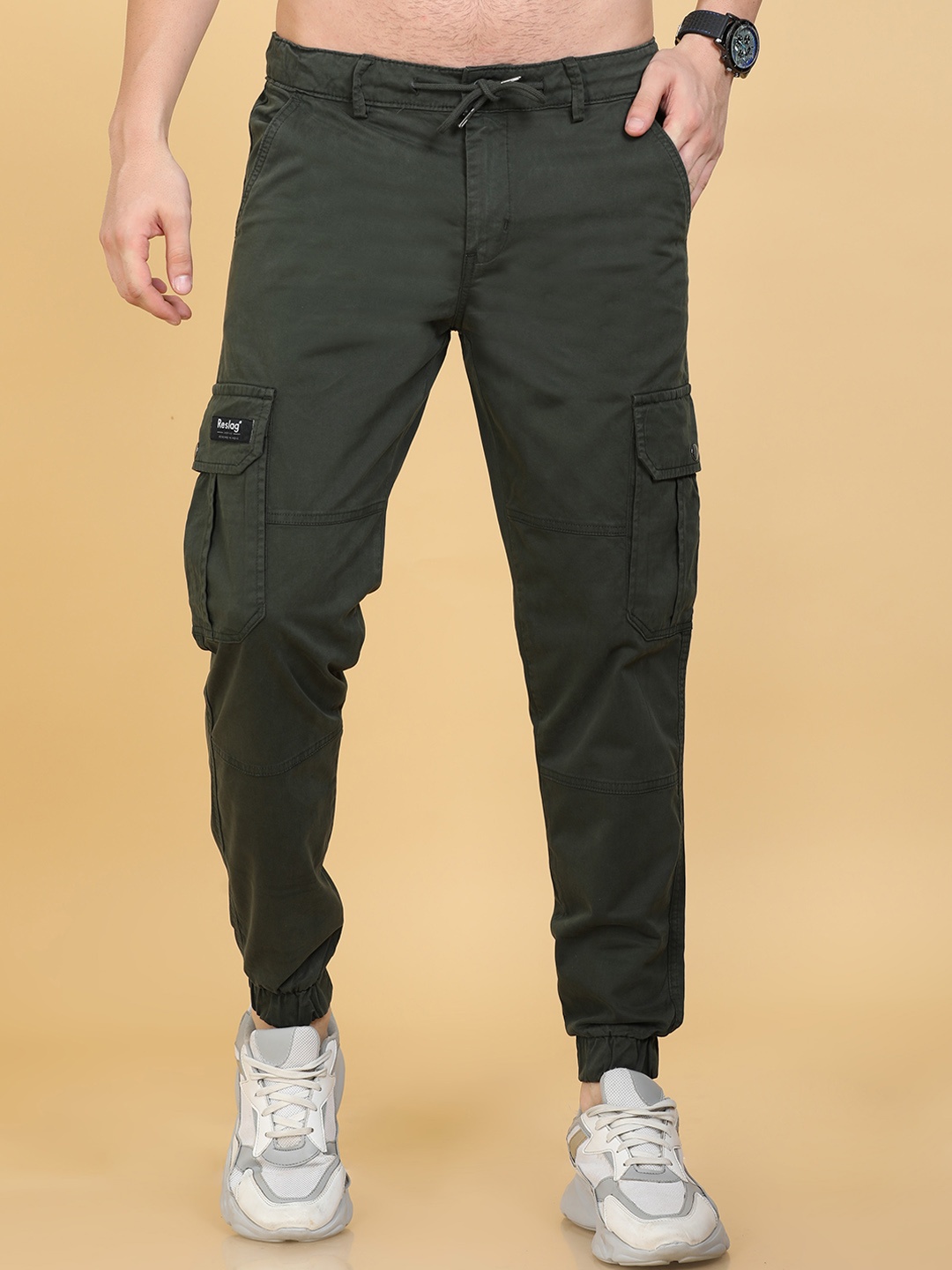 

Reslag Men Mid-Rise Cotton Joggers Trousers, Green