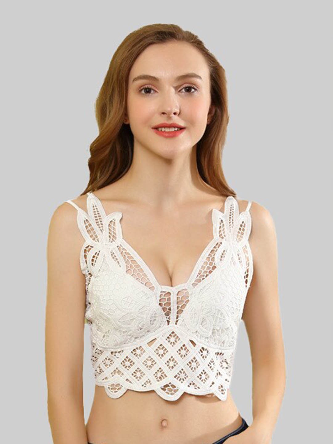 

Krelin Floral Lace Half Coverage Lightly Padded Cotton Bralette Bra With All Day Comfort, White