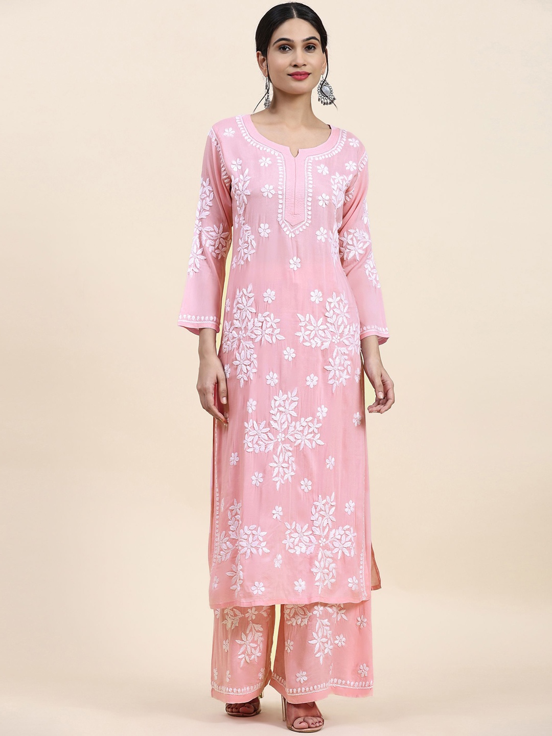 

HOUSE OF KARI Floral Embroidered Straight Kurta With Palazzo, Pink