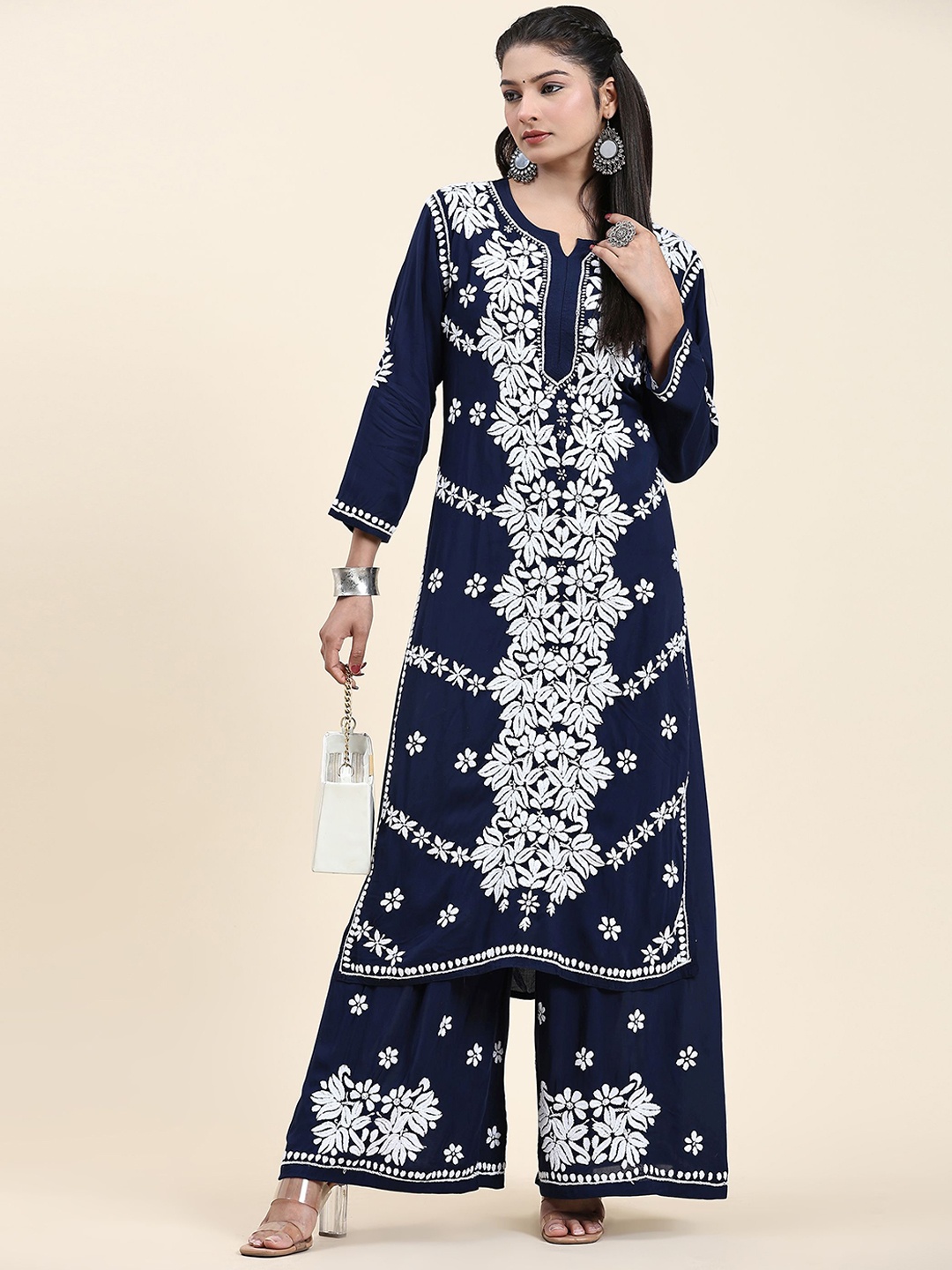 

HOUSE OF KARI Ethnic Motifs Embroidered Chikankari Cotton Kurta & Palazzos, Blue