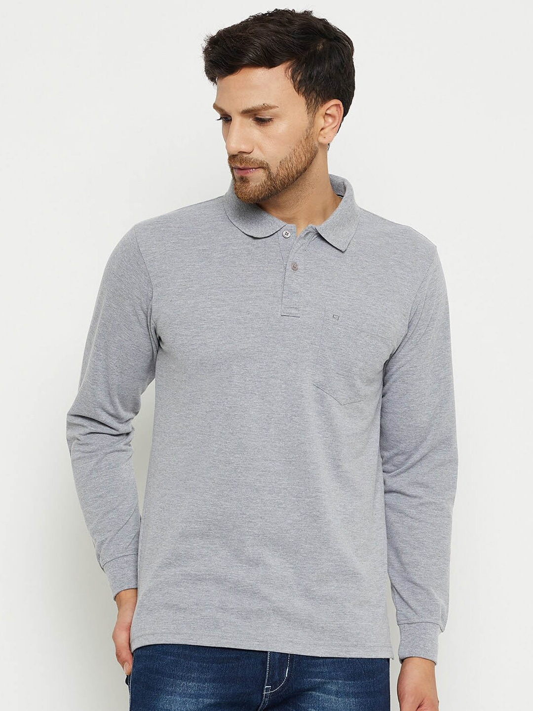 

NEVA Polo Collar Long Sleeves T-shirt, Grey melange