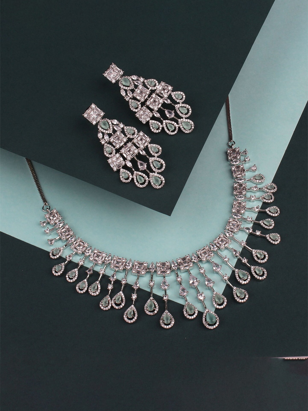 

Mirana Rhodium Plated Cubic Zirconia Stone Studded Waterfall Jewellery Set, Silver