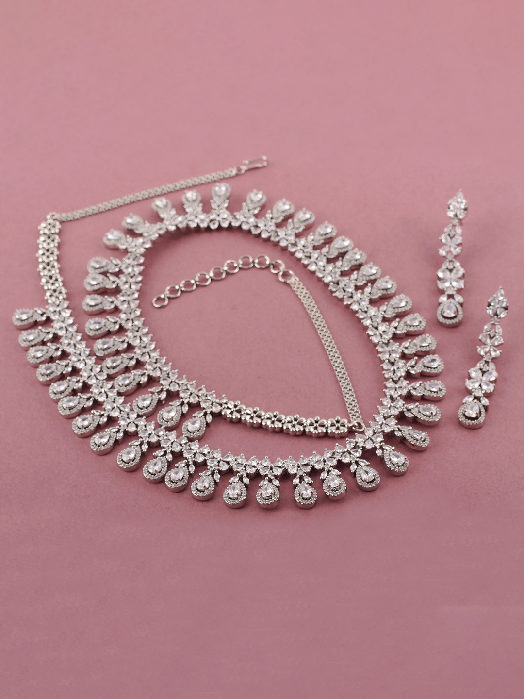 

Mirana Rhodium-Plated American Diamond-Studded Necklace Set, Silver