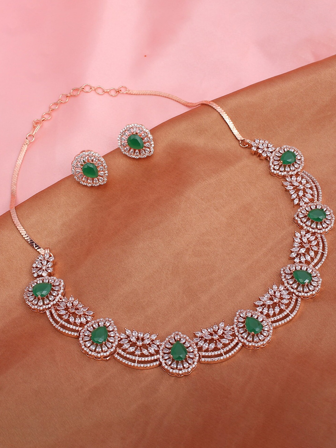 

Mirana Rose Gold Plated Doris American Diamond Designer Jewellery Set