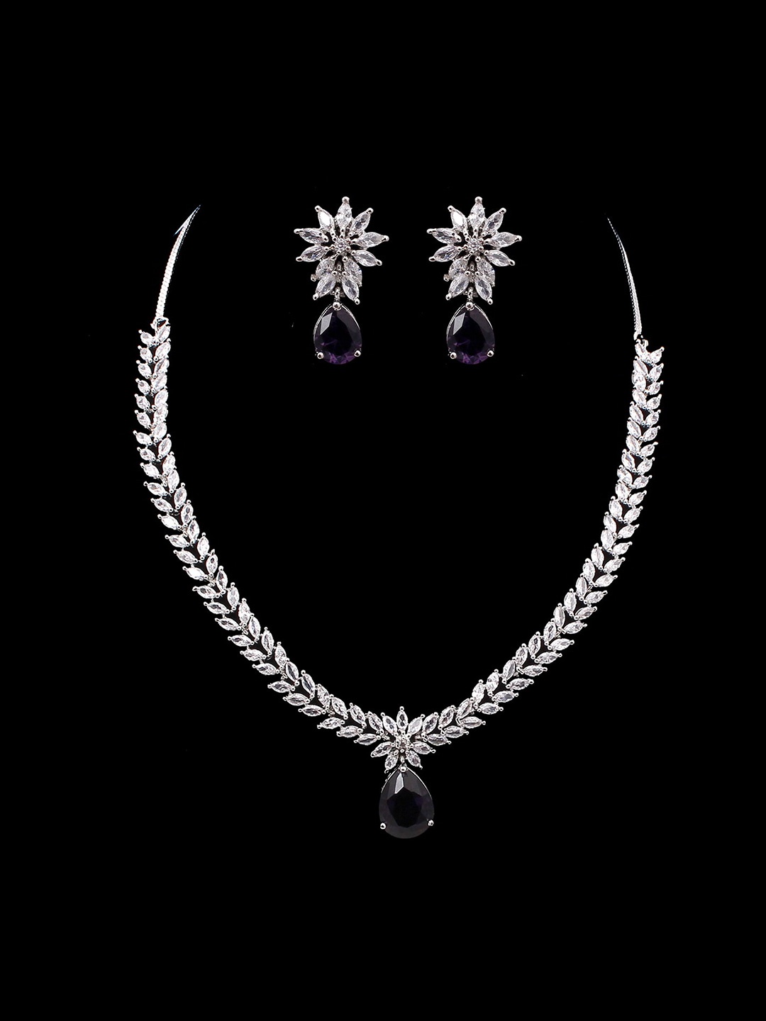 

Mirana Rhodium-Plated American Diamond-Studded Necklace Set, Silver