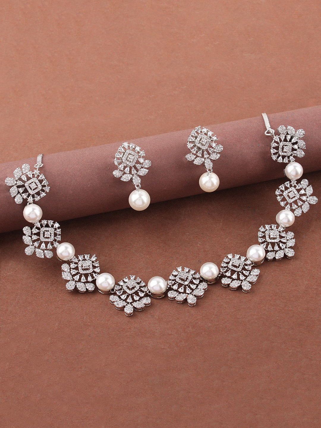 

Mirana Rhodium-Plated American Diamond Studded Necklace Set, Silver