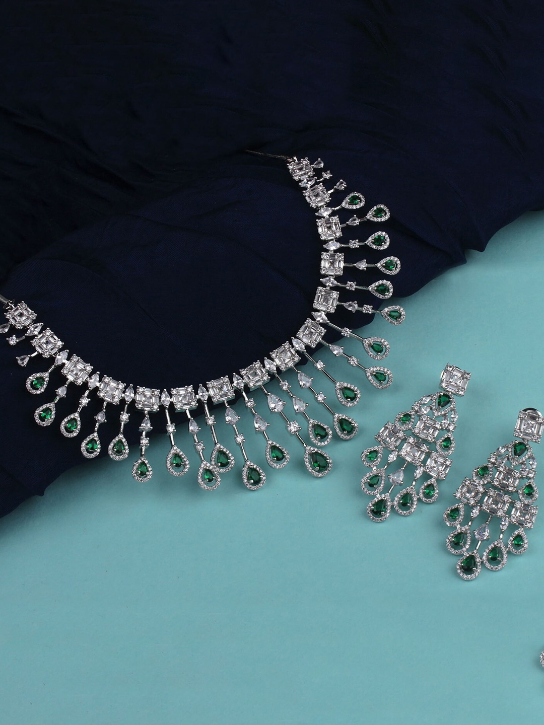 

Mirana Rhodium Plated Cubic Zirconia Stone Studded Waterfall Jewellery Set, Silver