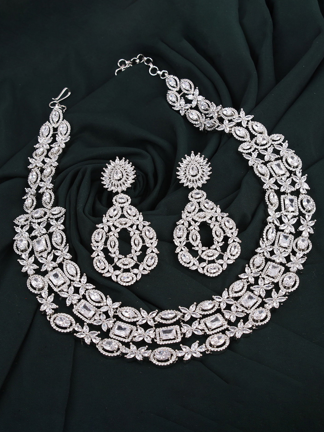 

Mirana Rhodium-Plated American Diamond Studded Layered Necklace Set, Silver