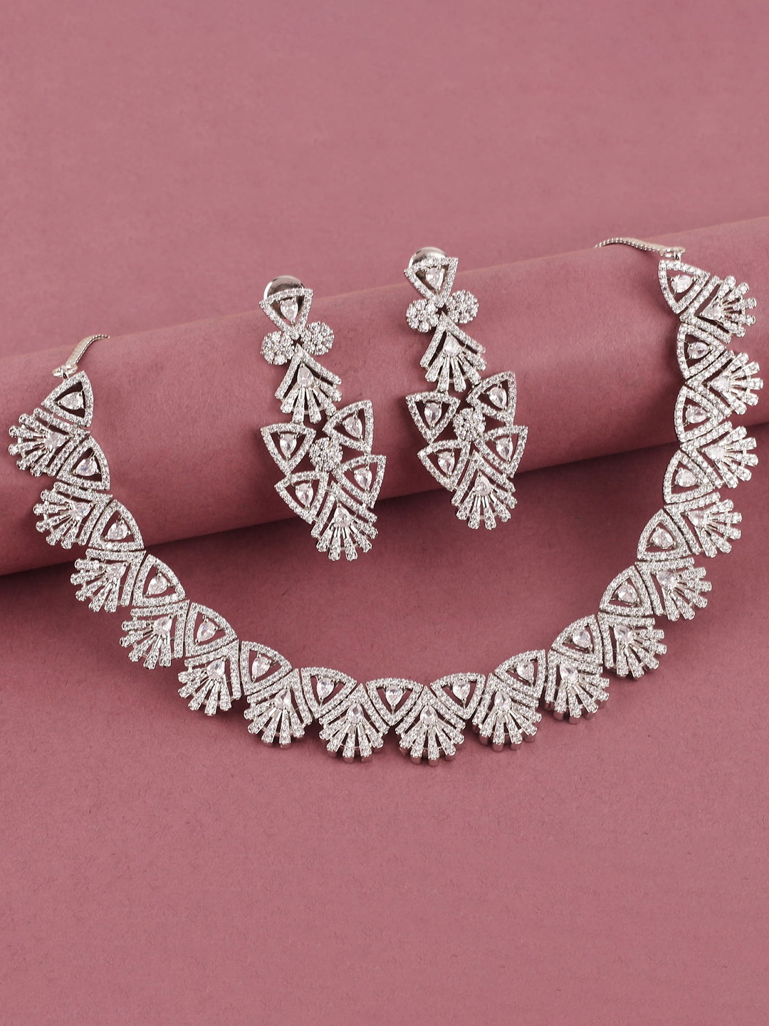 

Mirana Rhodium Plated Stone Studded Designer Jewellery Set, Silver