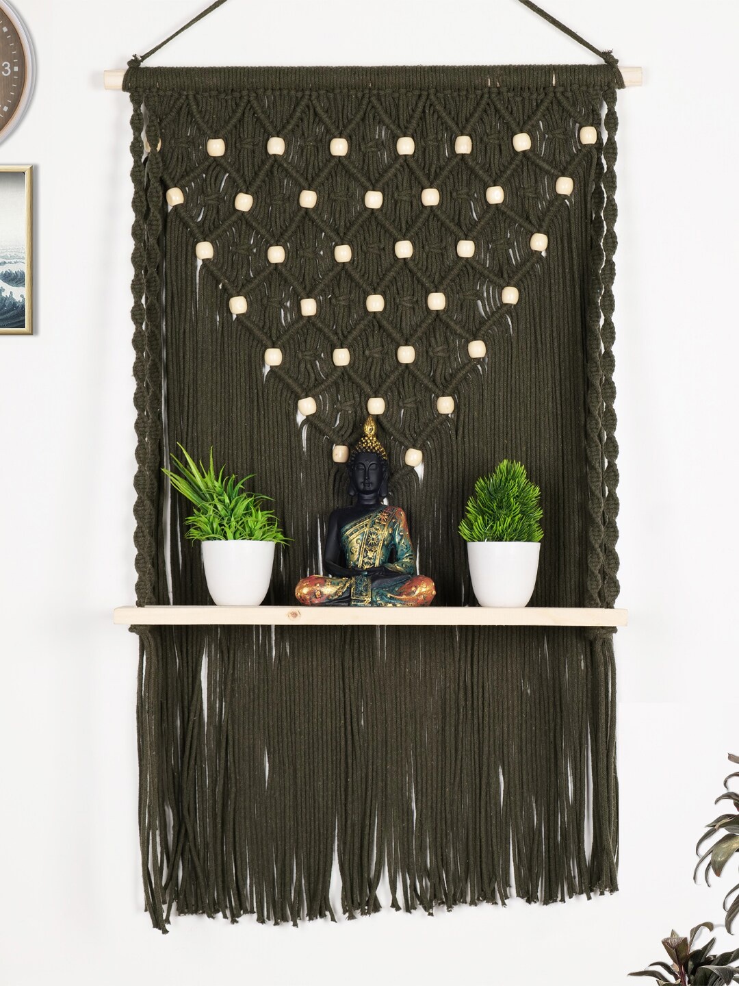 

Decazone Olive Green Wood Macrame Wall Hanging Shelf