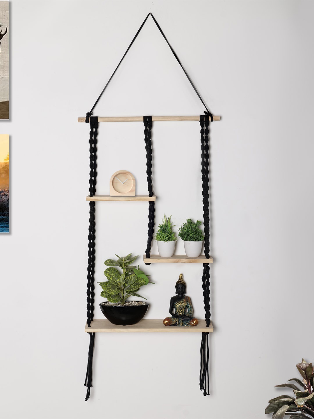 

Decazone Black & Beige Wood Macrame Wall Hanging Shelf