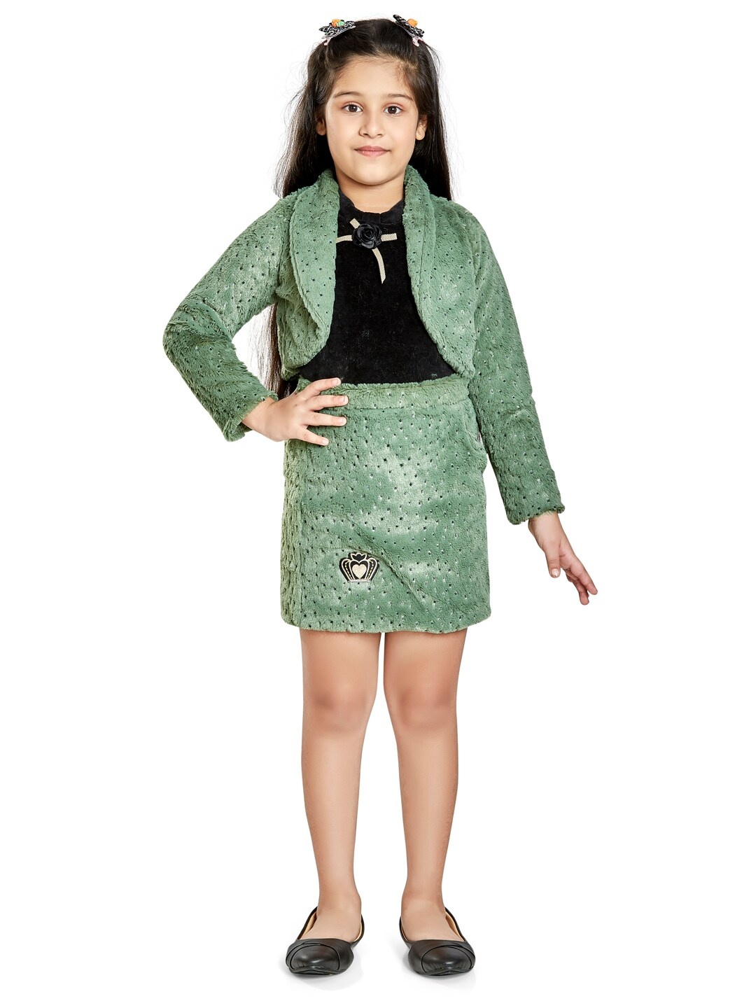 

Peppermint Girls Self Design Top With Skirt & Waistcoat, Olive