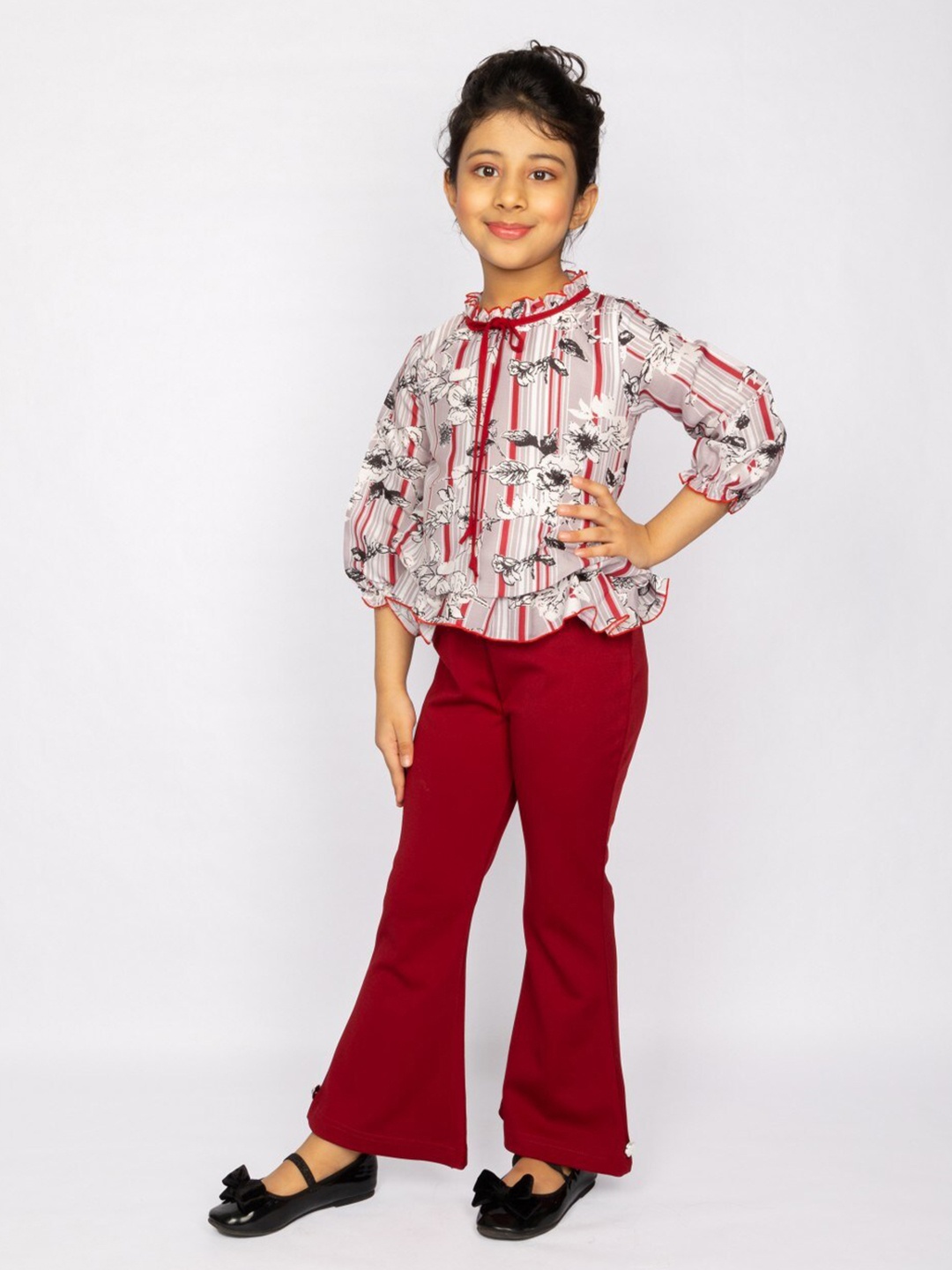 

Peppermint Girls Floral Printed Top With Trousers, Maroon