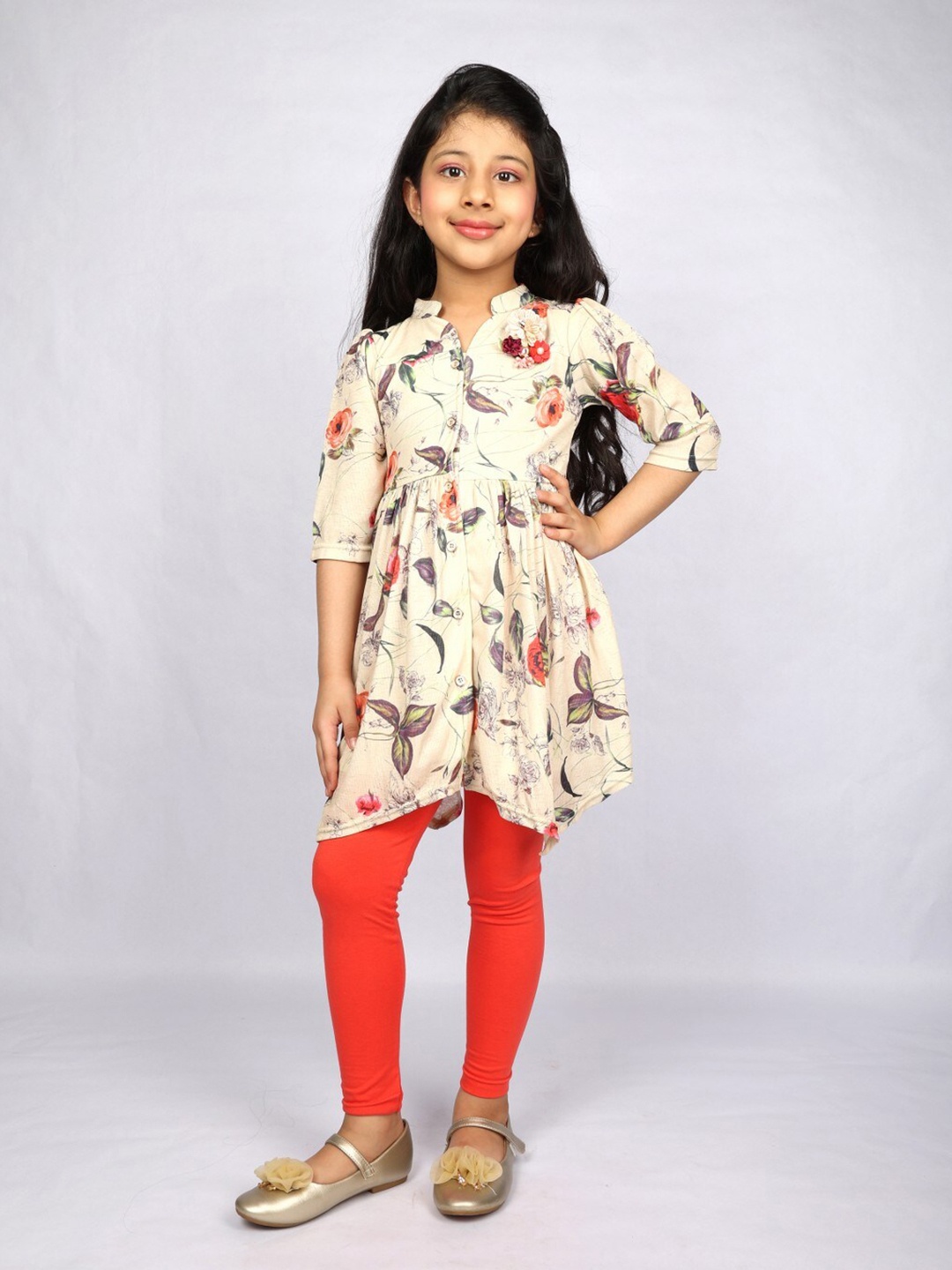 

Peppermint GirlsPrinted Mandarin Collar Top with Trousers, Peach