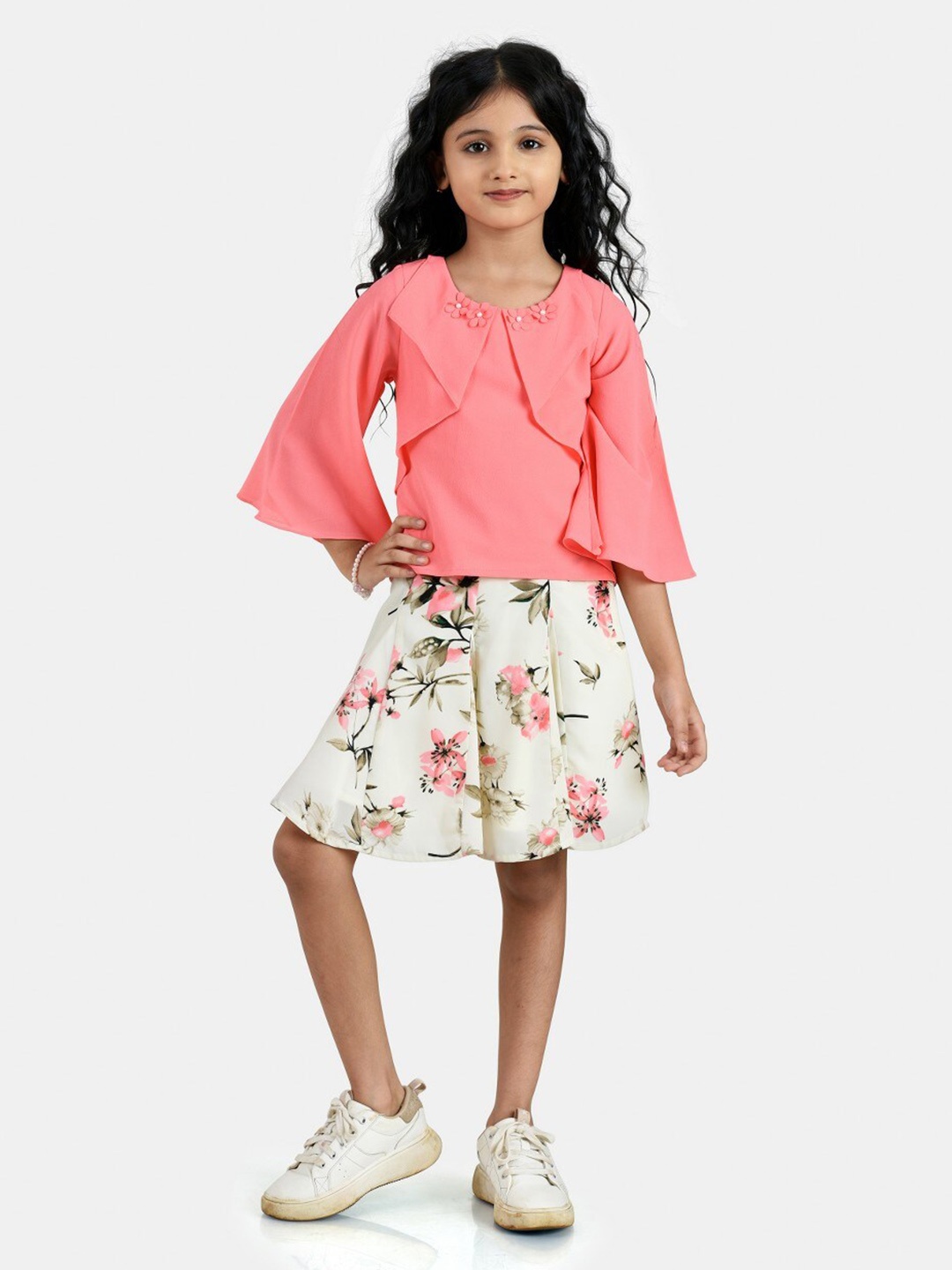 

Peppermint Girls Flared Sleeves Top With Skirt, Peach