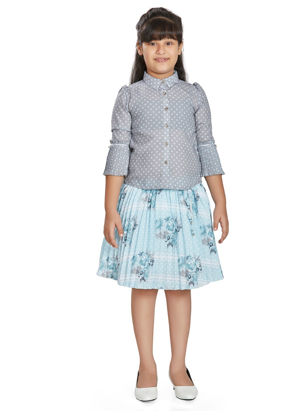 

Peppermint Girls Printed Shirt Collar Puff Sleeve Clothing Set, Blue