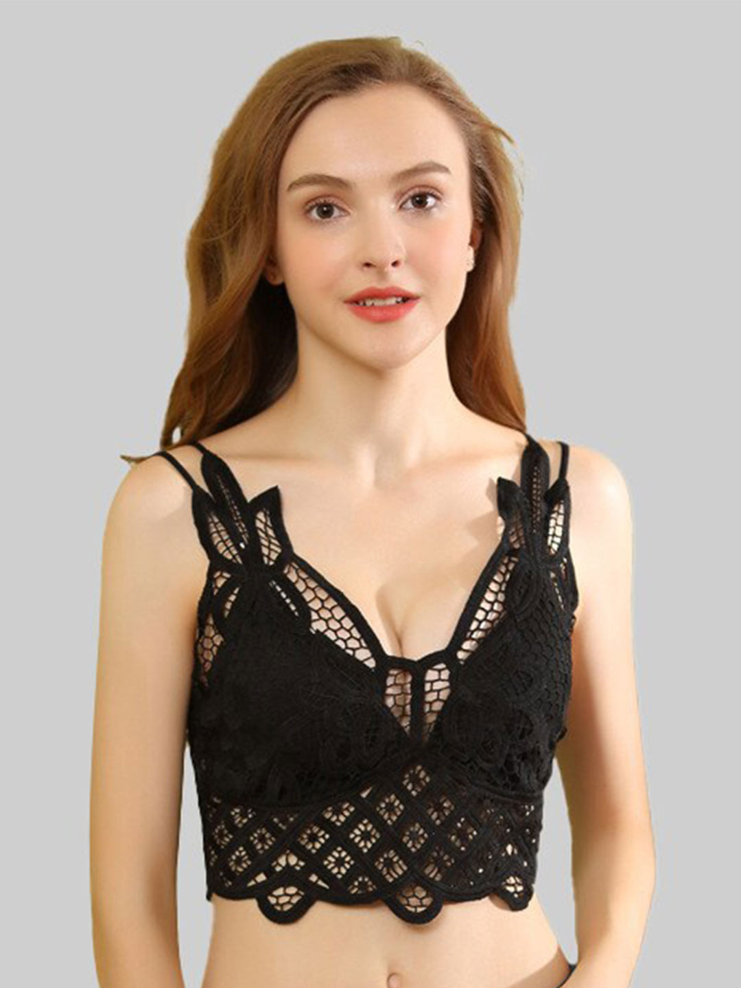 

Krelin Floral Pattern Criss Cross Back Lace All Day Comfort Cotton Bra Lightly Padded, Black