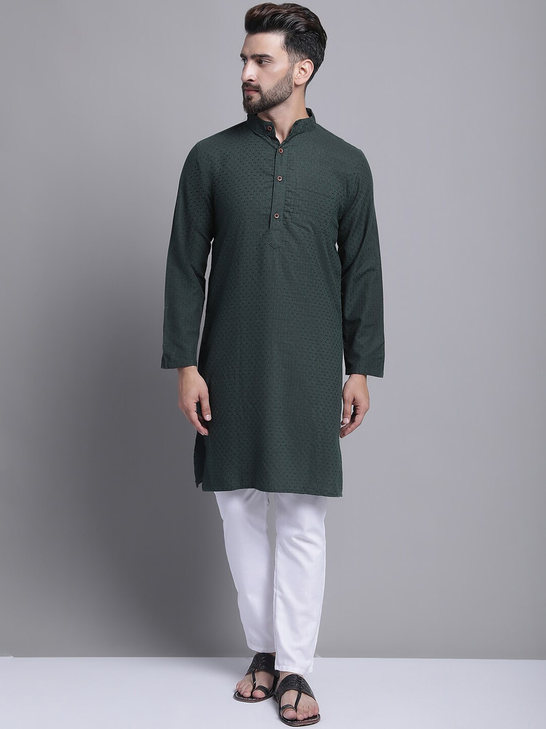 

Aarsha Woven Design Band Collar Pure Cotton Straight Kurta, Green