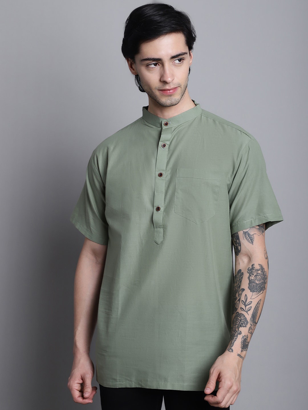 

Aarsha Band Collar Pure Cotton Straight Kurta, Green