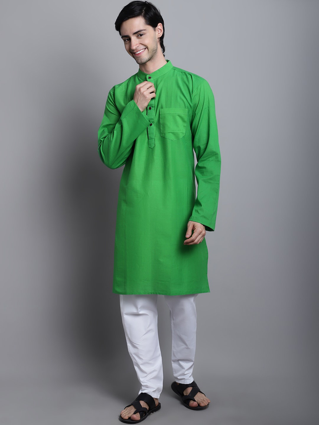 

Aarsha Band Collar Pure Cotton Straight Kurta, Green