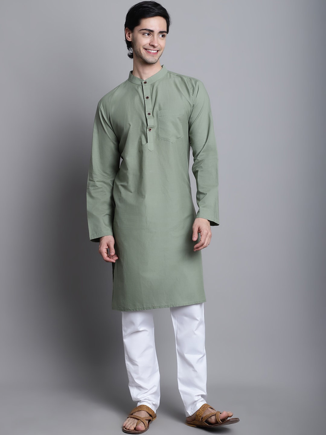 

Aarsha Band Collar Pure Cotton Straight Kurta, Green