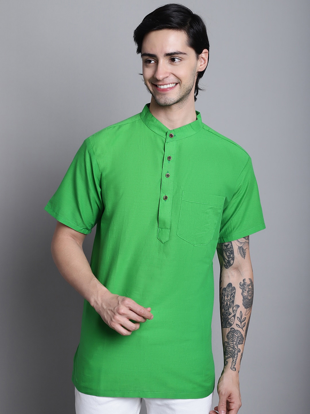 

Aarsha Band Collar Cotton Pathani Kurta, Green