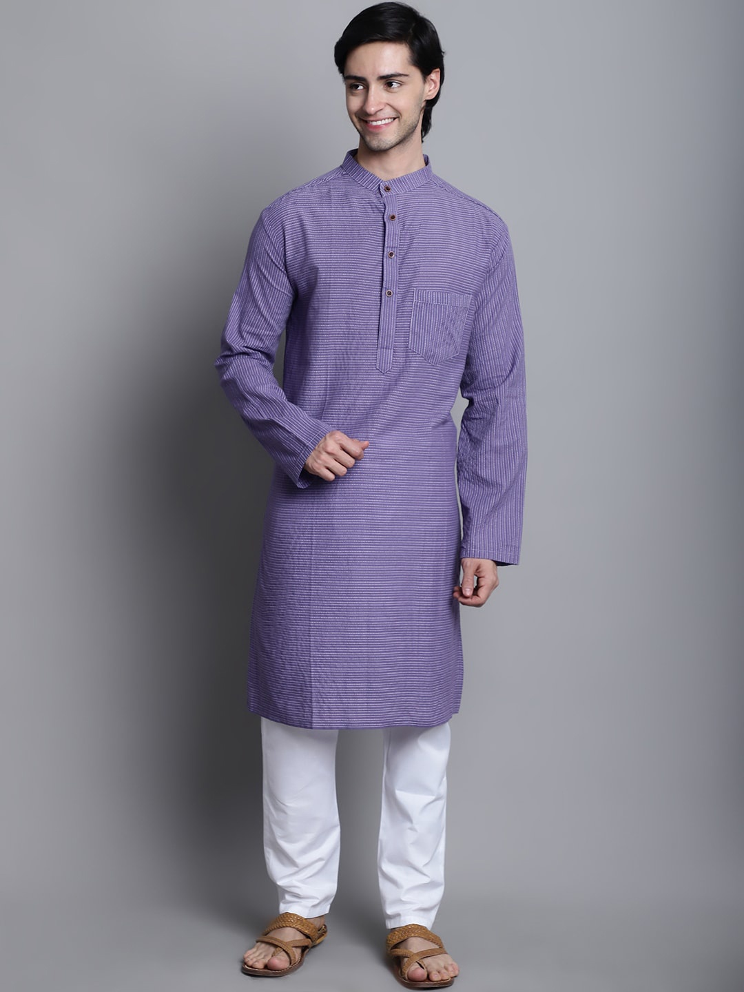 

Aarsha Striped Band Collar Cotton Regular Kurta, Purple