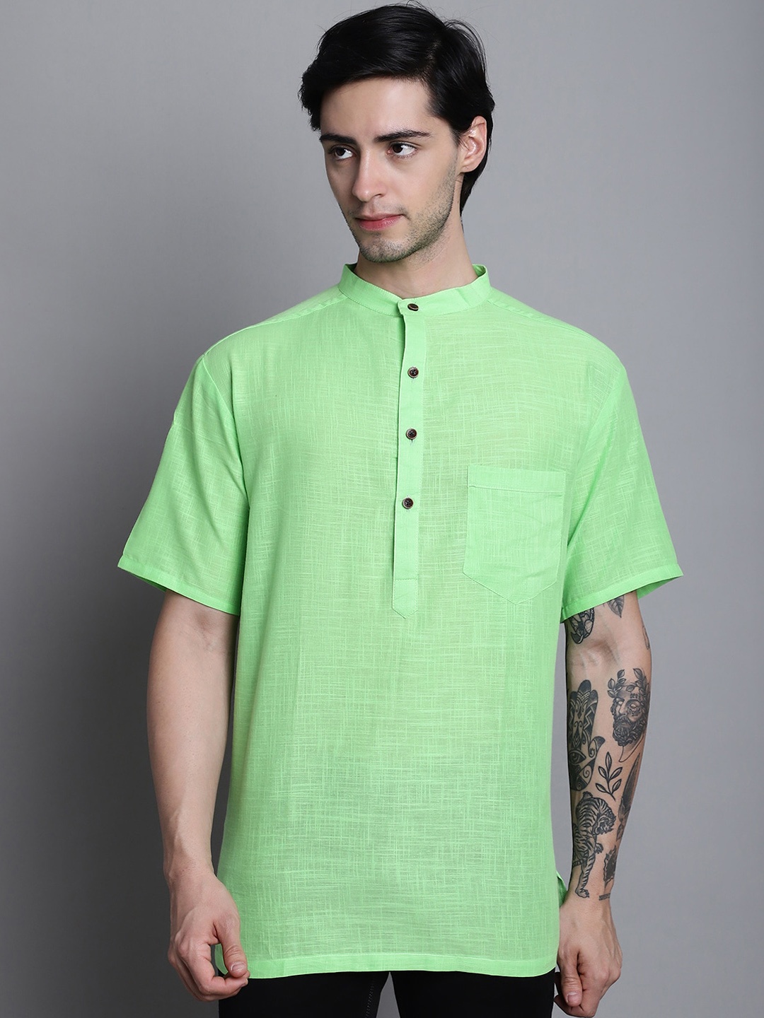 

Aarsha Band Collar Pure Cotton Straight Kurta, Green