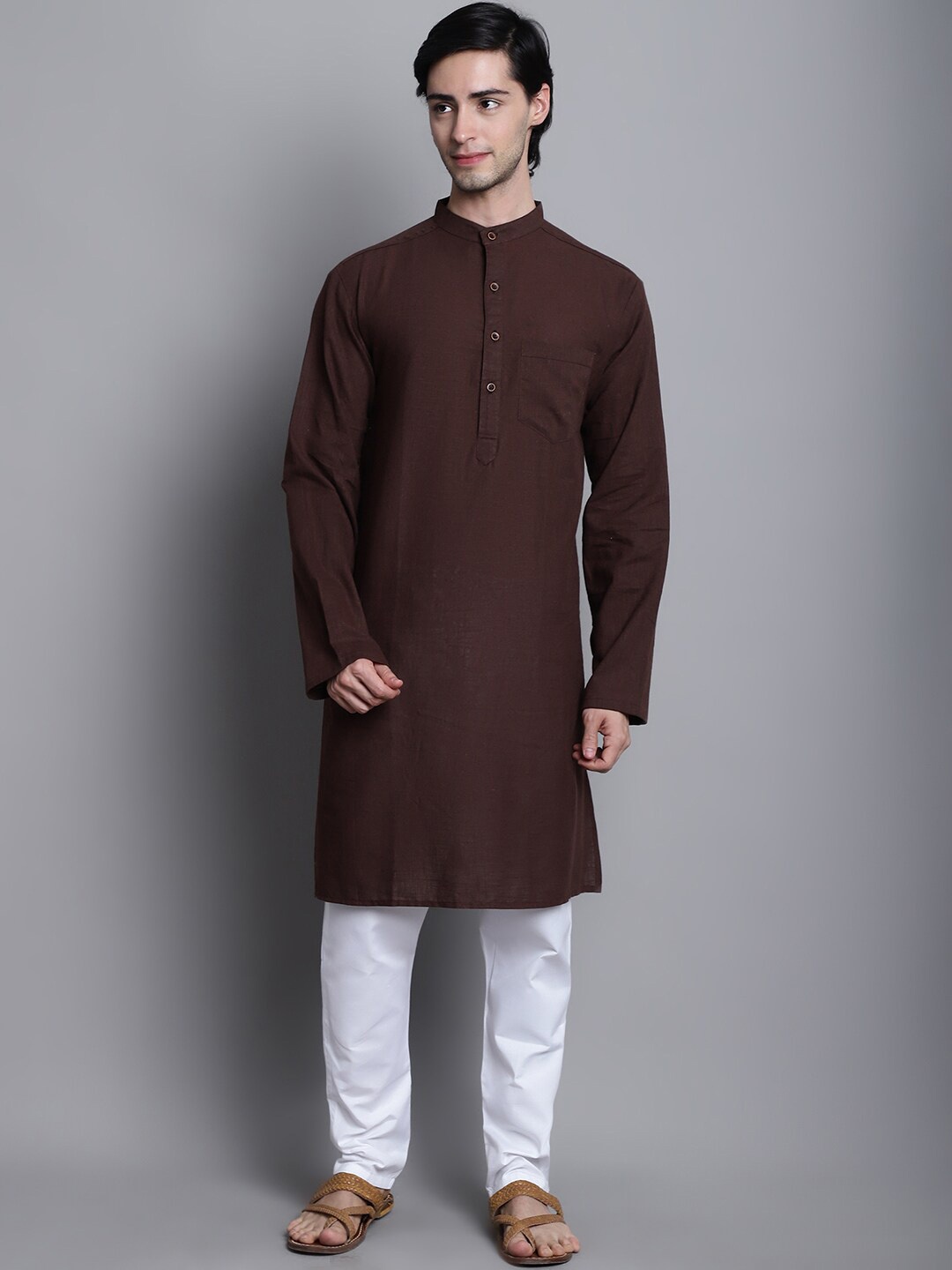 

Aarsha Band Collar Cotton Regular Kurta, Brown