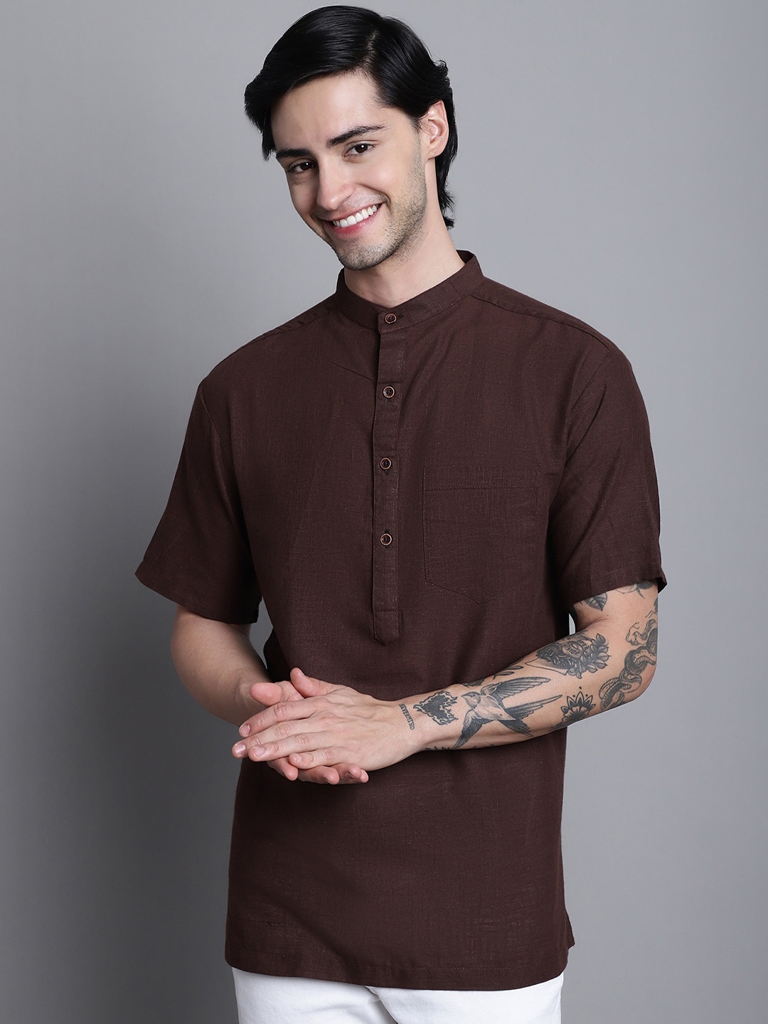 

Aarsha Band Collar Pure Cotton Straight Kurta, Brown