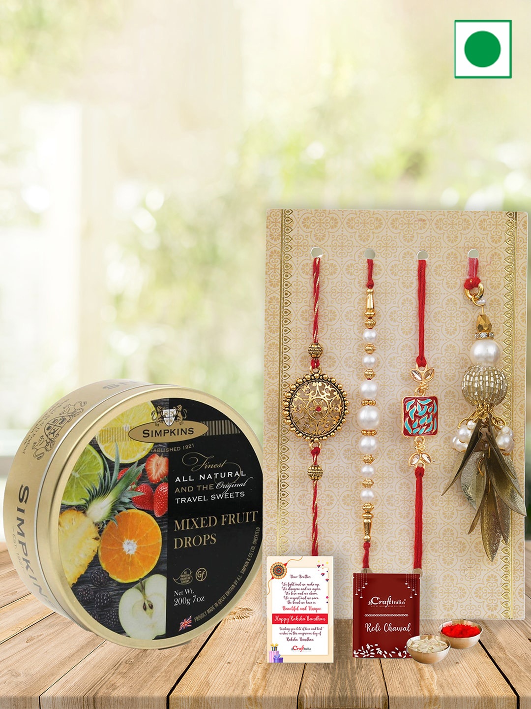 

eCraftIndia Simpkins Mixed Fruit Drops Candy With 4 Rakhis-200 gms, Gold