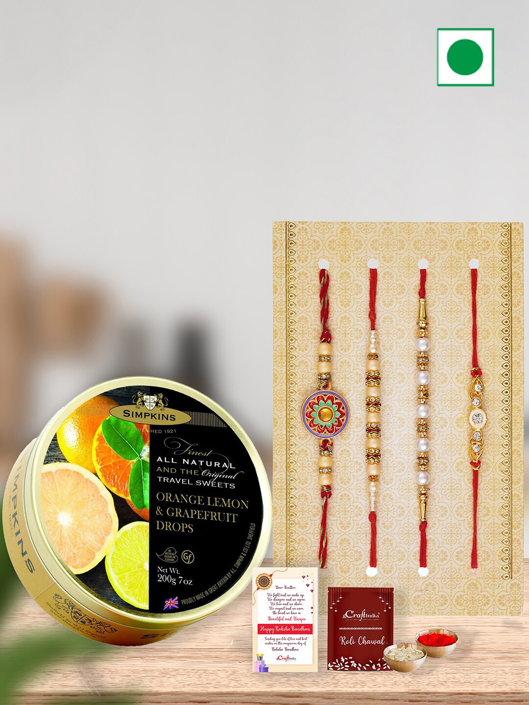 

eCraftIndia Simpkins Mixed Fruit Drops Candy With 3 Rakhis-200 gms, Gold