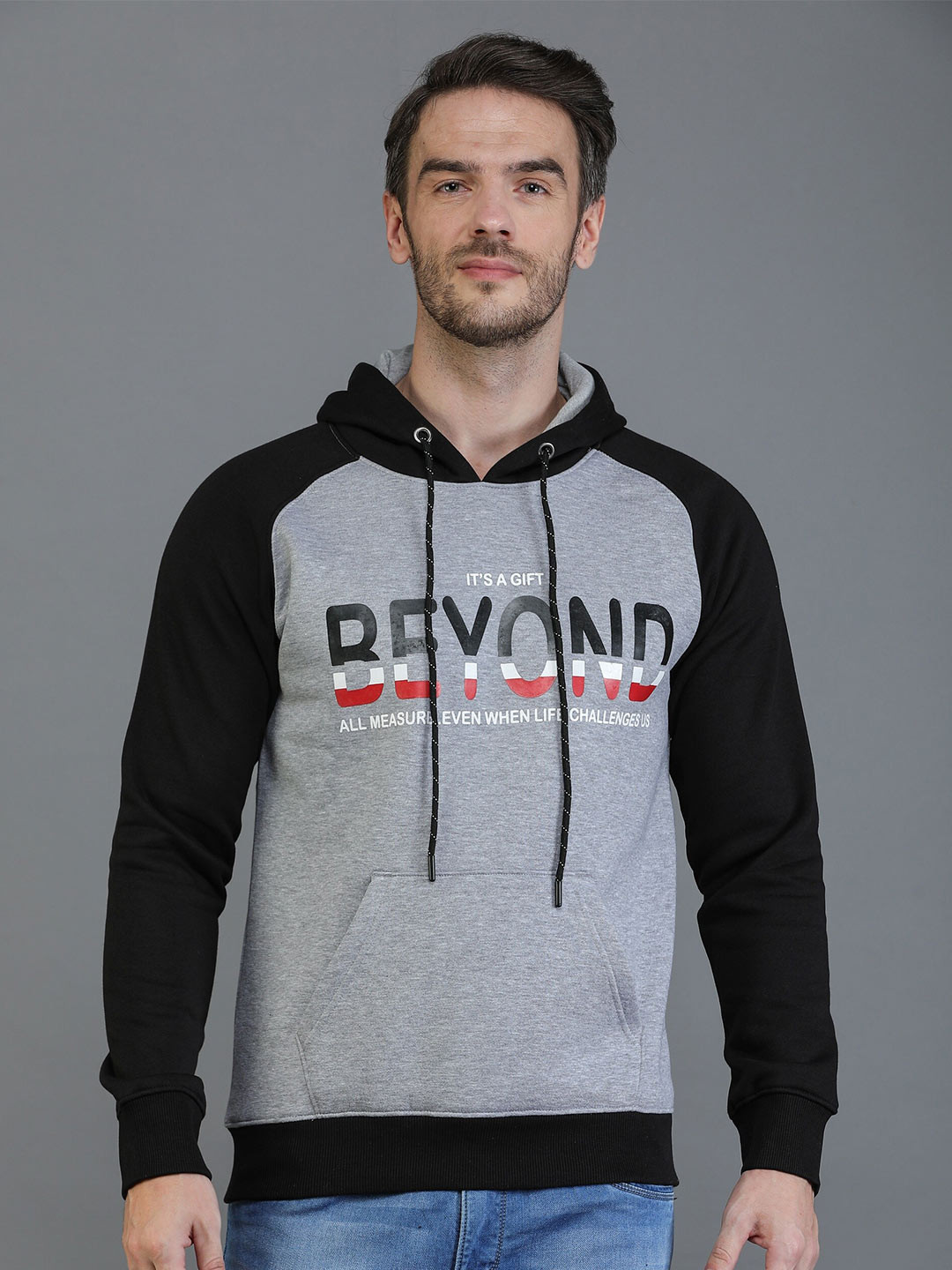 

TQS Hooded Typography Printed Pullover, Grey