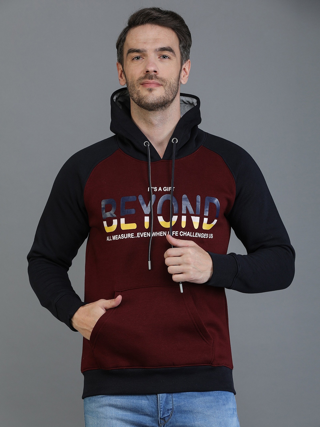 

TQS Typography Printed Hooded Fleece Pullover Sweatshirt, Maroon