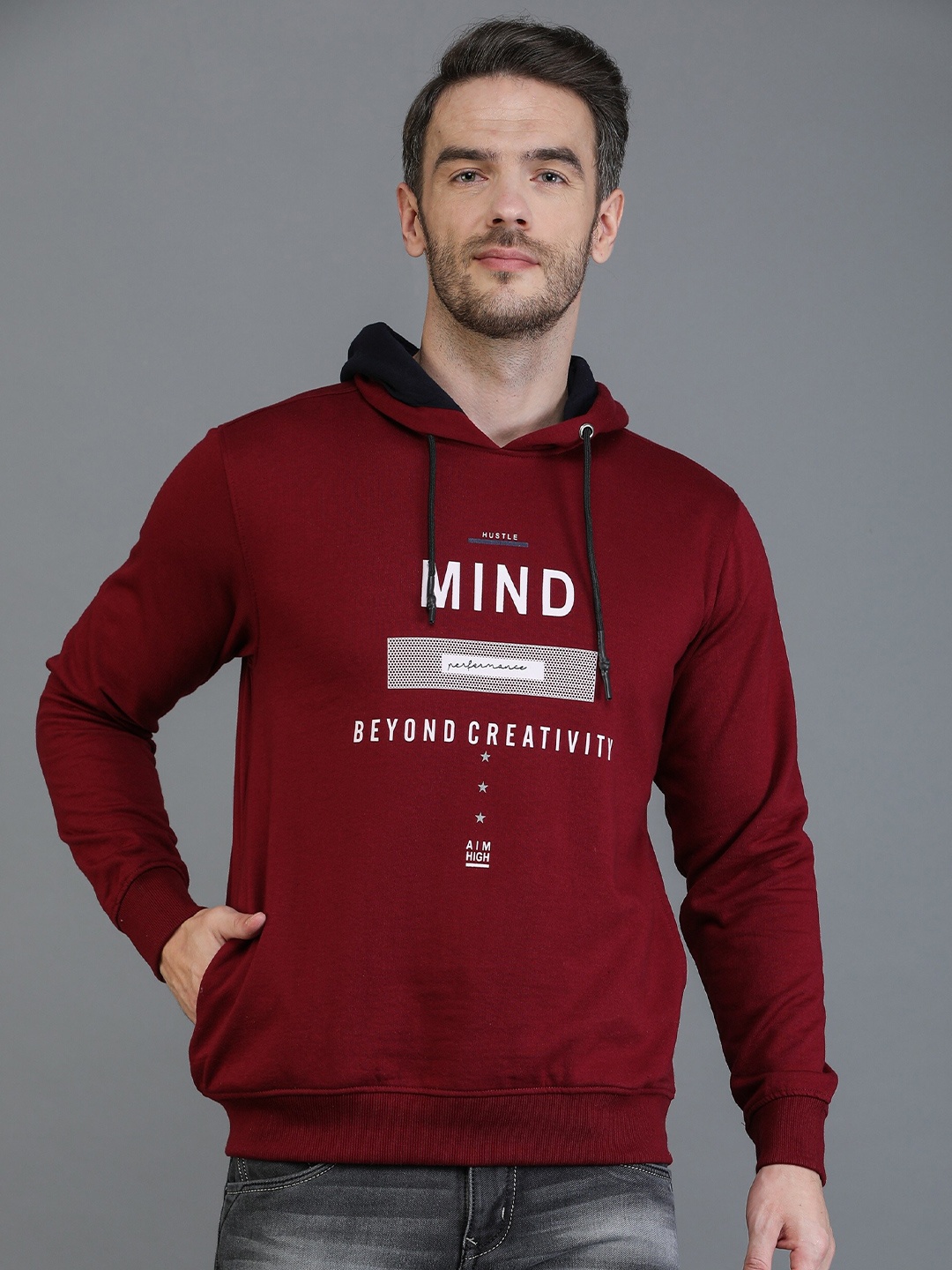 

TQS Typography Printed Hooded Fleece Pullover Sweatshirt, Maroon